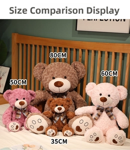 Size comparison of four plush teddy bears in purple, brown and pink with plaid bow ties
