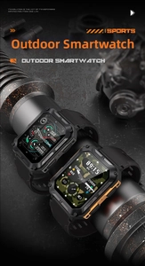 Detail of ruggered outdoor smartwatches with heart rate and step tracker on metal pipes