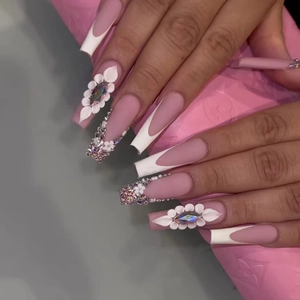Long Coffin Press On Nails With 3D White Flower Rhinestone Pink Matte French Tip Full Cover Fake Nails Sweet Style Women