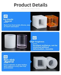 Close-up of translucent silicone mold showing square and cylinder shapes for DIY resin