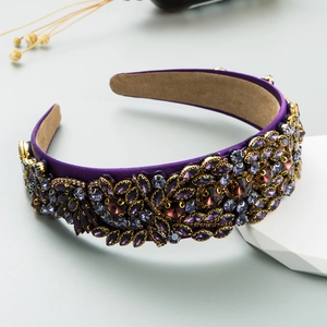 Luxury Baroque headband with purple crystals and gems on vintage satin fabric
