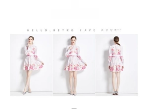 Vues détaillées de face, de côté et de dos d'une mini robe fleurie vintage à manches longues