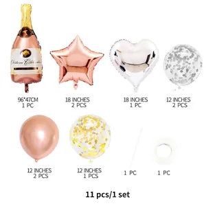 11pcs champagne bottle balloon set with rose gold stars and confetti latex balloons