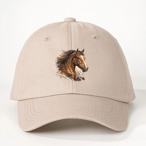 Adjustable light khaki cotton baseball cap with realistic horse head print for outdoor sun protection