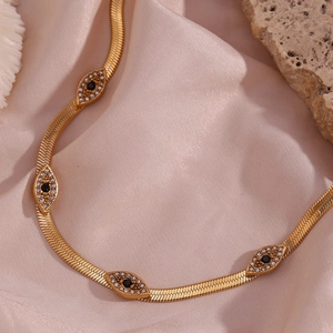 18K gold plated evil eye necklace with black stone on a flat snake blade chain
