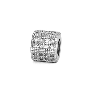 Macro detail of silver square spacer bead with micro-pave cubic zirconia for DIY bracelets