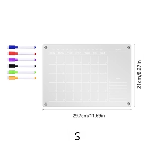Macro view of clear acrylic magnetic calendar with 6 colored pens and size labels
