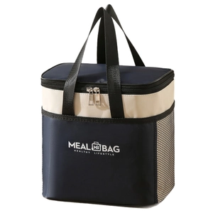 Insulated meal bag with dual handles and side pocket in navy blue and cream design