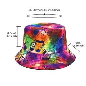 Artistic bucket hat with musical notes design and colorful gradient pattern for sun protection