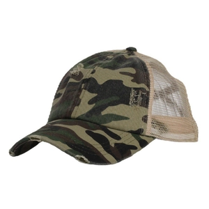 Detail of woodland camo trucker hat featuring distressed torn edges and mesh back