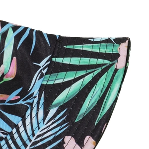 Detail of tropical palm leaf print bucket hat with durable multi-row stitching on brim