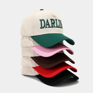 Vintage retro trucker hats with DARLIN embroidery in five multi-color contrast combinations