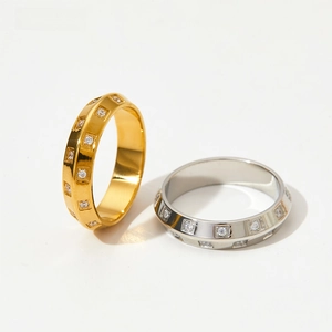Stainless Steel Band Ring For Women Gold Plated Geometric Cubic Zirconia Inlaid Minimalist Fashion Jewelry