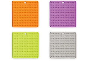 Detailed grid view of square silicone pet licking mats in orange, purple, teal and grey