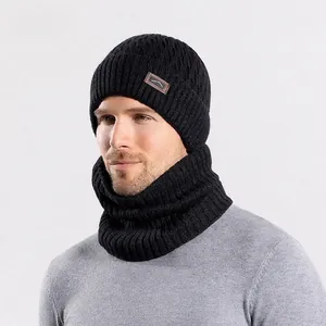 Men's winter knit beanie hat and neck warmer set with warm fleece lining and leather patch