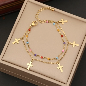 Double-layer gold stainless steel bracelet with colorful oil-drop beads and cross charms