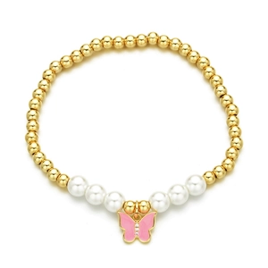 Elegant beaded bracelet with gold beads, white pearls and a pink butterfly charm