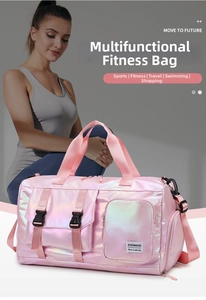 Detail of pink holographic waterproof fabric and buckle pockets on sports travel bag