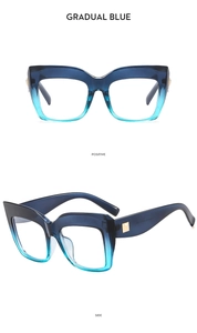 Detail of gradient blue cat eye glasses frame showing front and side views with gold accents