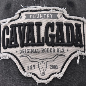 Grey washed cotton baseball cap with embroidered bull skull and rodeo themed patches