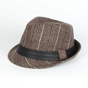 Detail of tan herringbone wool fedora with a decorative black leather band for men and women