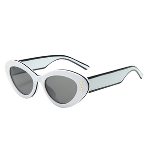 Retro oval cat-eye sunglasses with white frame, gray lenses and star decor for women