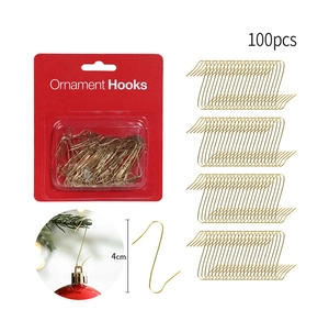 Set of 100 gold 4cm S-shaped Christmas ornament hooks shown in packaging and use