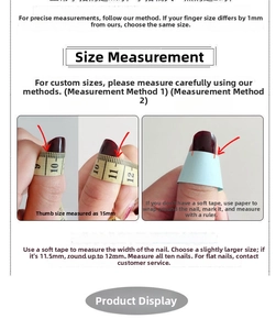 Size guide for press-on nails showing how to measure nail width using a soft tape or paper