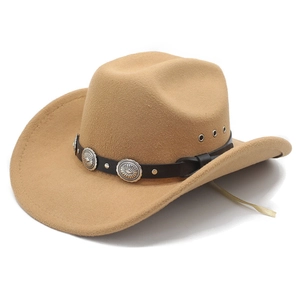 Detail of light brown wool felt cowboy hat with leather band and metal buckle studs