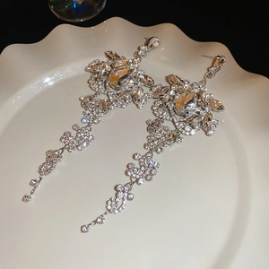Close-up of elegant silver drop earrings with long rhinestone tassels on a white plate