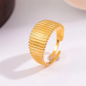 Wide Dome Ring 18K Gold Plated Stainless Steel Vertical Striped Textured Adjustable Open Band Minimalist Chic Jewelry For Women
