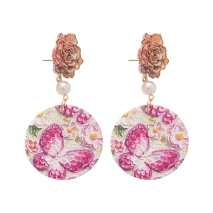 Pink acrylic rose earrings with pearl and butterfly pendant in vintage floral style