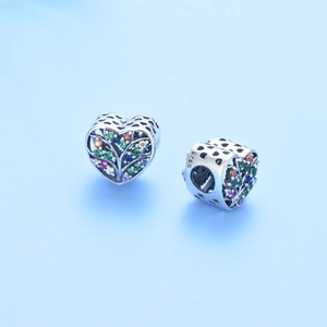 S925 sterling silver heart-shaped family tree charm with colorful zircon stones