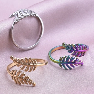 Adjustable leaf feather rings in silver gold and rainbow stainless steel finishes