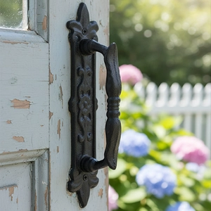 European vintage cast iron door handle with victorian relief on distressed blue wood door