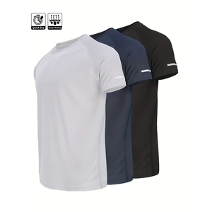 Detail of three quick-dry sports T-shirts with mesh texture and reflective arm stripes