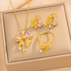Bowknot Necklace Earrings And Ring Copper Pink Heart Cubic Zirconia Clavicle Chain Star Pendant Elegant Jewelry For Women