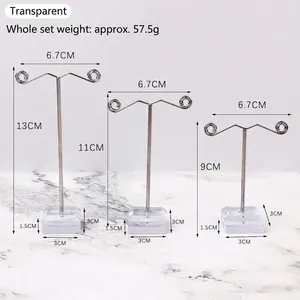 Set of 3 silver metal jewelry display stands with acrylic bases and size dimensions