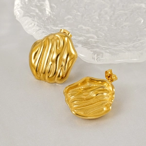 Irregular Wrinkled Geometric Stud Earrings 18K Gold Plated Stainless Steel Shell Texture Minimalist Fashion For Women