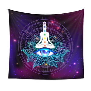 Detailed close-up of meditation tapestry showing chakra symbols and all-seeing eye detail
