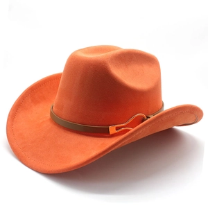Detail of orange felt cowboy hat featuring a leather band with a golden metal buckle