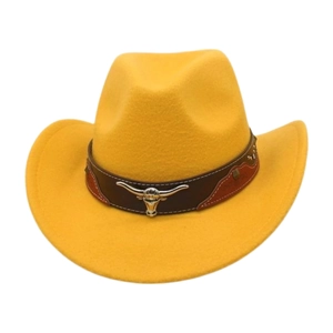 Bright yellow western cowboy hat with a brown leather band and silver bull head ornament