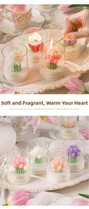 Artistic tulip-shaped scented candles in glass jars with four pastel floral colors