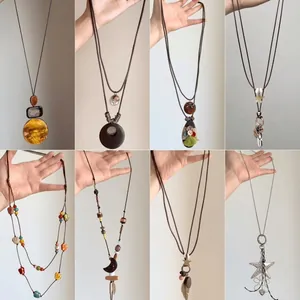 Bohemian Ethnic Long Pendant Necklace Resin Wood Alloy Geometric Tassel Sweater Chain Women Vintage Jewelry