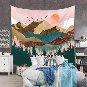 Detail of abstract landscape tapestry with pink and gold marble texture for wall decor