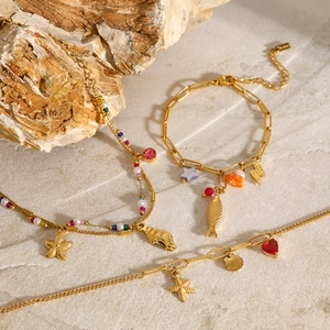 18K gold-plated stainless steel charm bracelet and necklace set with starfish and shells