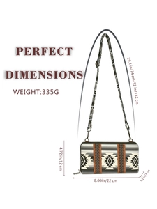 Detailed size chart for Bohemian canvas clutch showing precise dimensions and weight