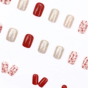 Faux ongles rouge foncé à carreaux et paillettes de forme carrée courte pour femme
