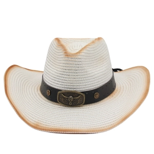 Western Cowboy Straw Hat Vintage Wide Brim Sun Protection Panama Style With Bull Head Metal Buckle For Men Women Outdoor Summer Beach