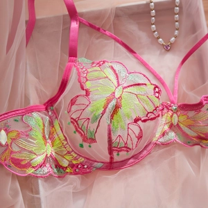 Close-up of pink sheer lace bra with colorful butterfly embroidery and pearl necklace